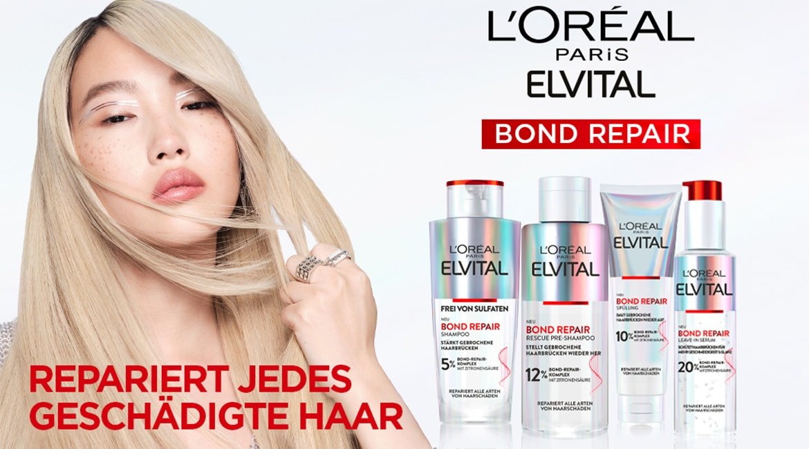 Elvital Bond Repair Produktreihe & eine Frau mit langen blonden Haaren